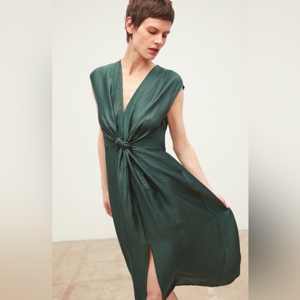 Zara Deep Green V-neck Midi Dress with Waist Knot Detail